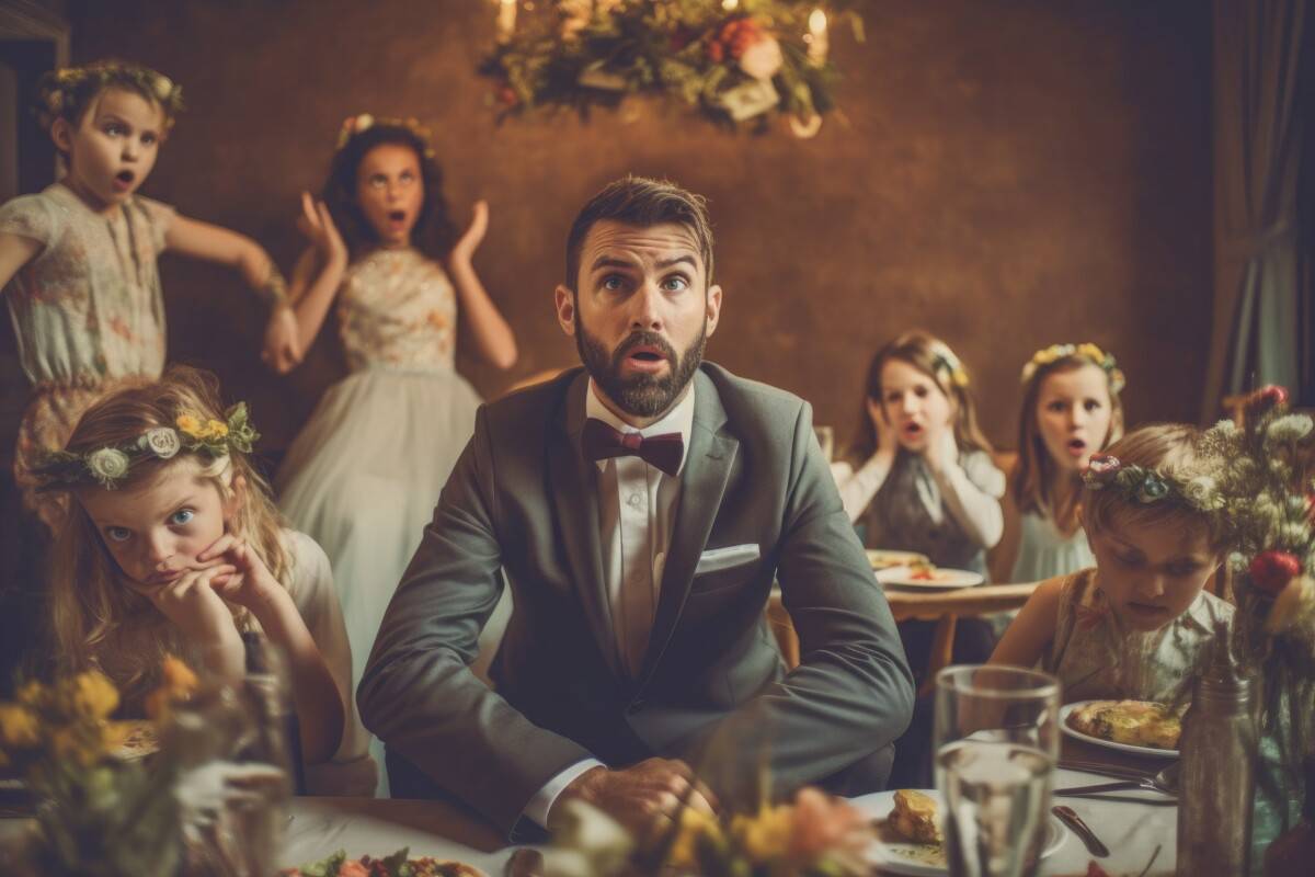 Frustrated adult sitting at kids' table