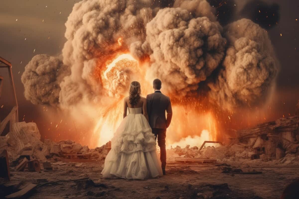 Bride and groom getting married with explosion in background