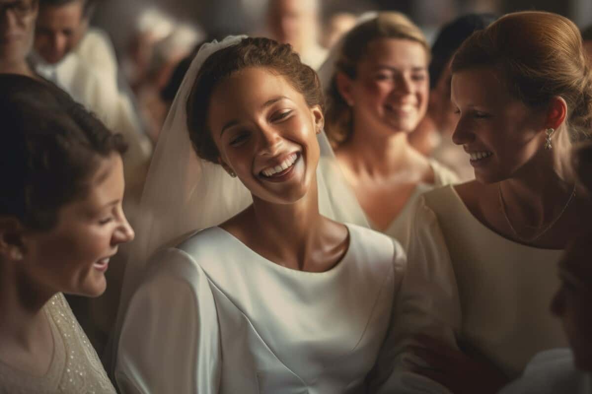 Bride in white wedding gown surrounded by guests wearing white