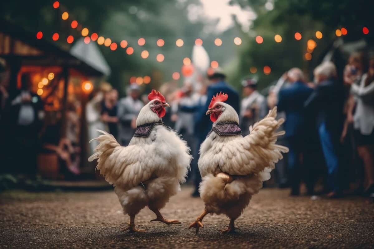 Chickens dancing at wedding reception