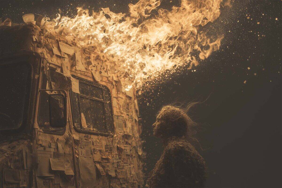 If mailing feels like a gamble, showing up in person can feel like control. Close-up of soot-covered woman standing before burning mail truck with scattered letters, dramatic night lighting from low angle.