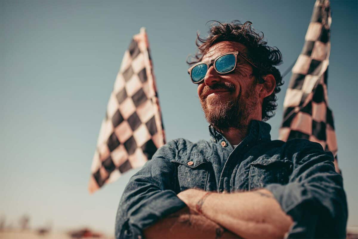 Confident man in sunglasses stands with arms crossed in front of checkered flags under a clear sky