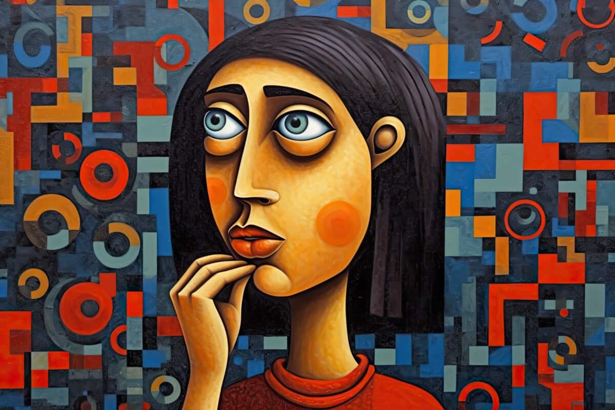 Cubist painting of confused woman with big eyes