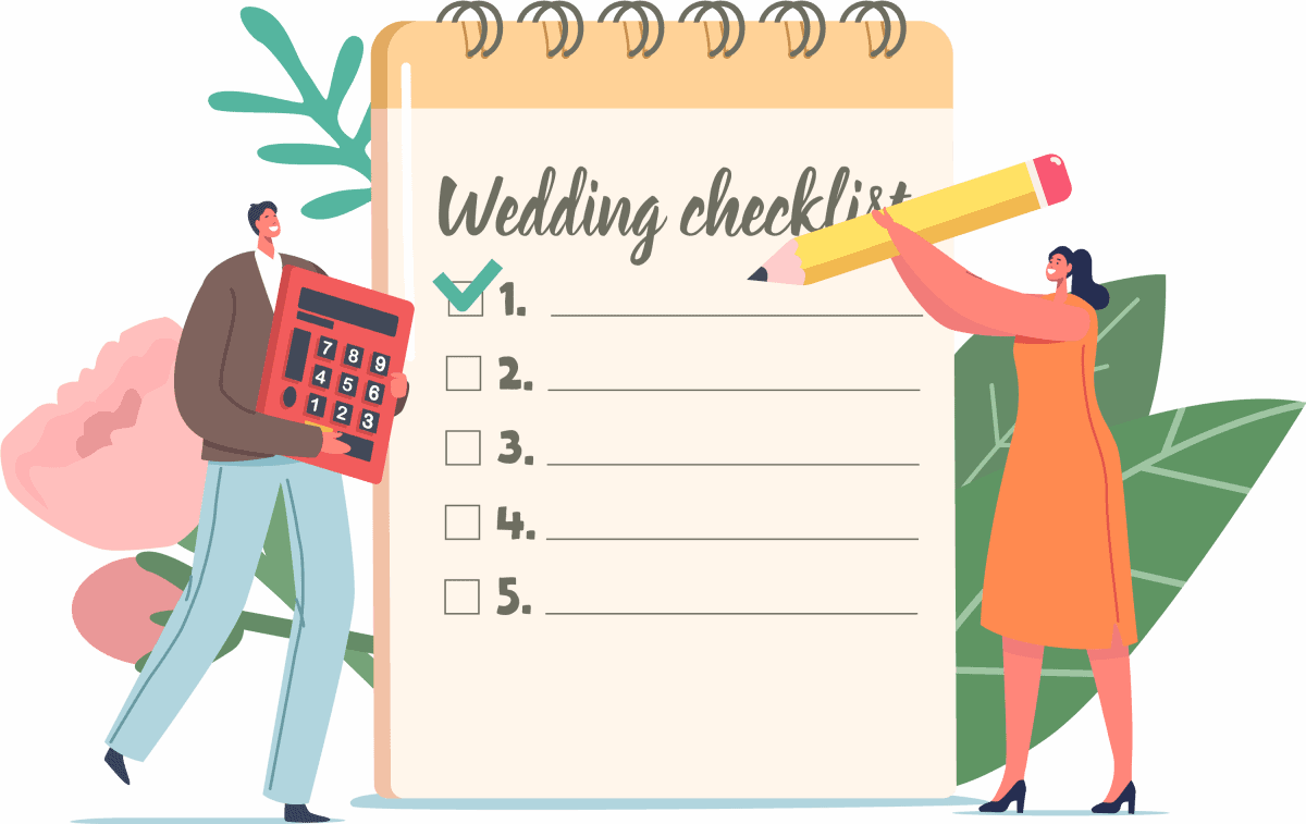 Couple reviewing wedding checklist