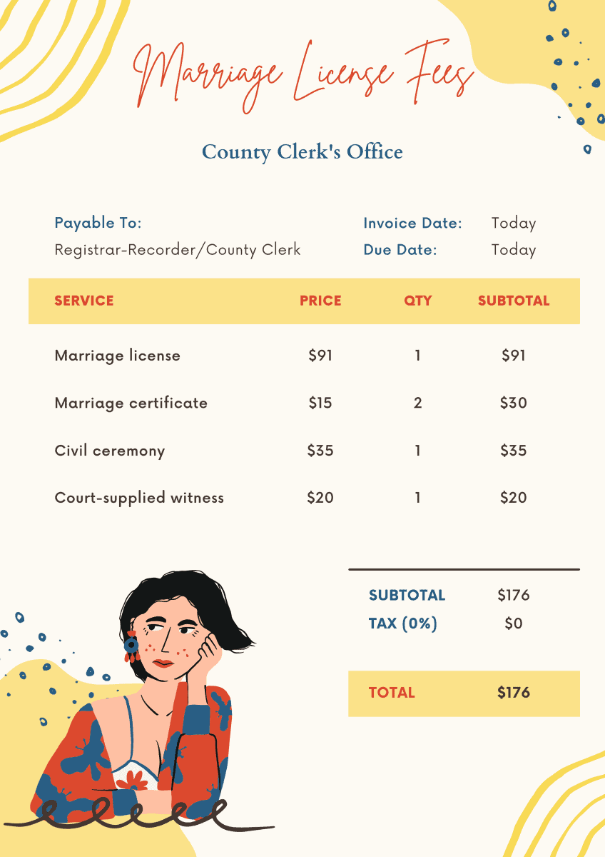 Example California marriage license price list, including certificate and civil ceremony