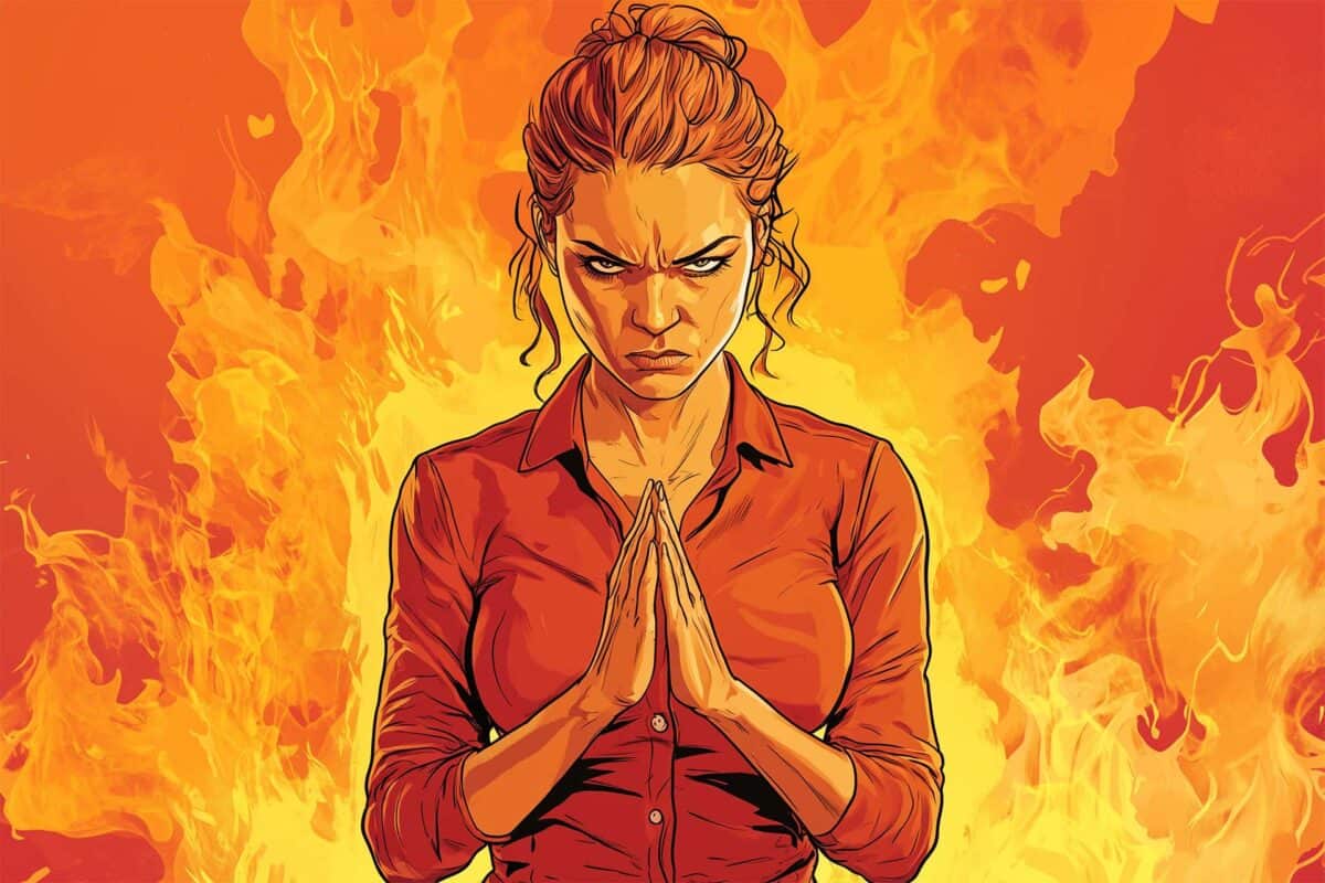 Defiant woman in red blouse stands before roaring flames, hands clasped in intense focus, eyes sharp with fury and determination