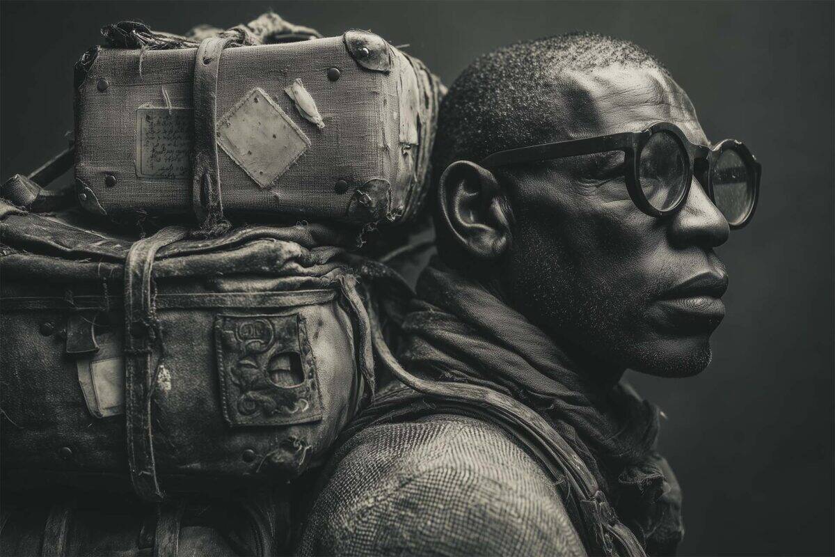 Whether you mail it or show up depends on your passport's age and condition. Determined man in glasses and military gear carries old luggage on back, rugged adventurer against dark gray backdrop.