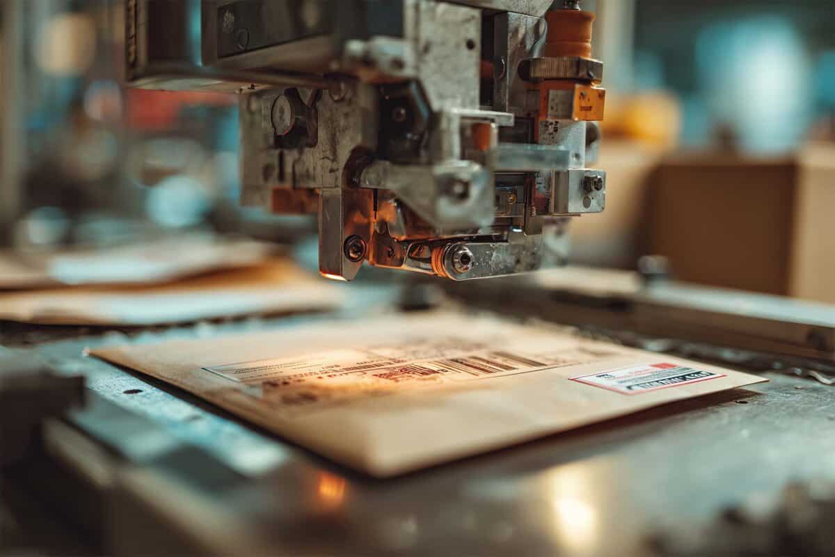 Envelope on a mail sorting machine being scanned under industrial equipment