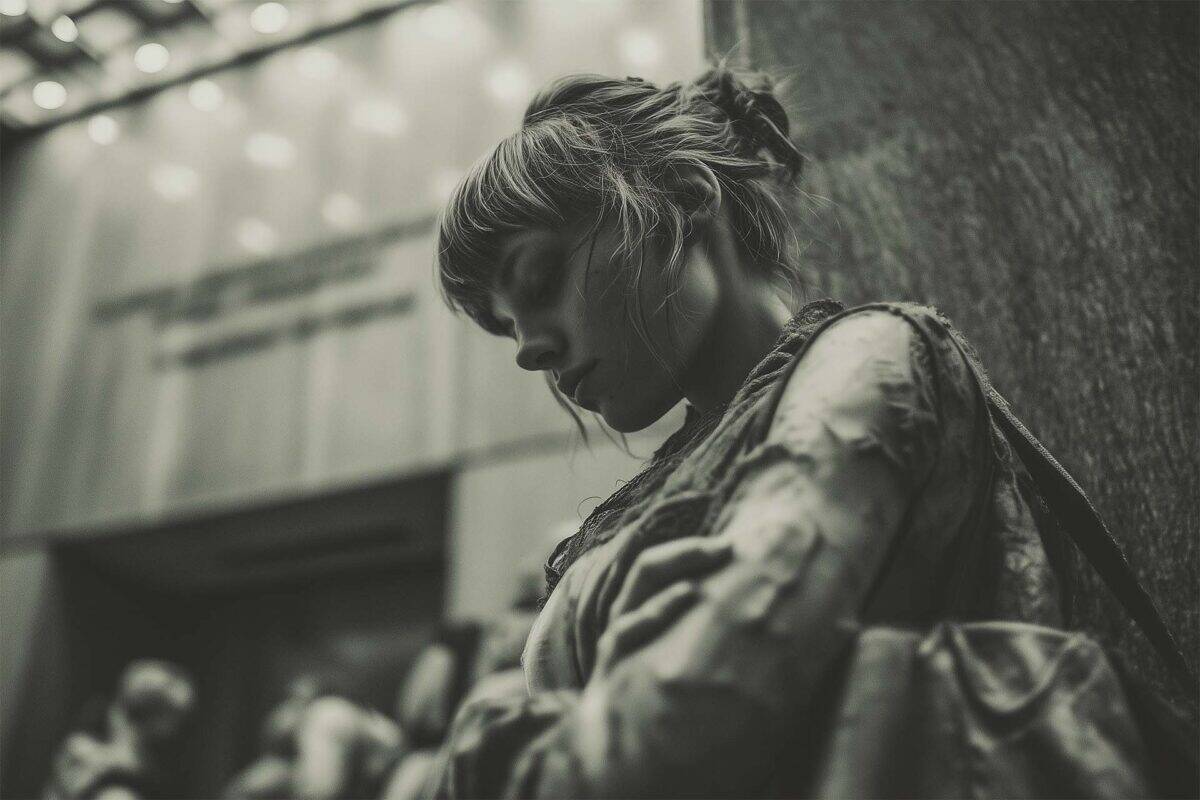Mail it? Or lean against a wall for hours while time dissolves behind you? Exhausted woman in tattered dress leans against concrete wall, head down, eyes closed, tired from waiting, blurred crowd behind.