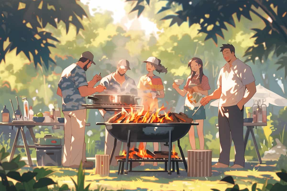 Friends gathered around a crackling open fire barbecue grill