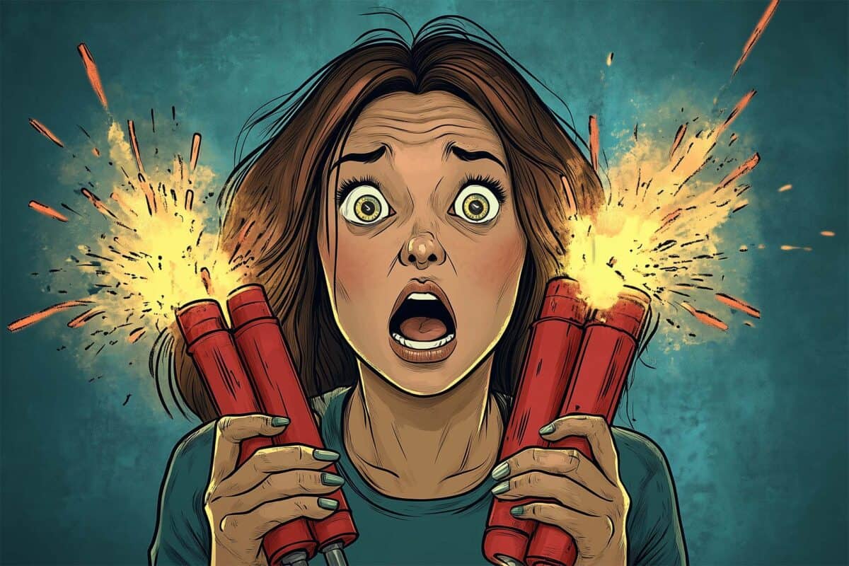 Frightened woman holding red dynamite sticks, sparks flying from the lit fuses