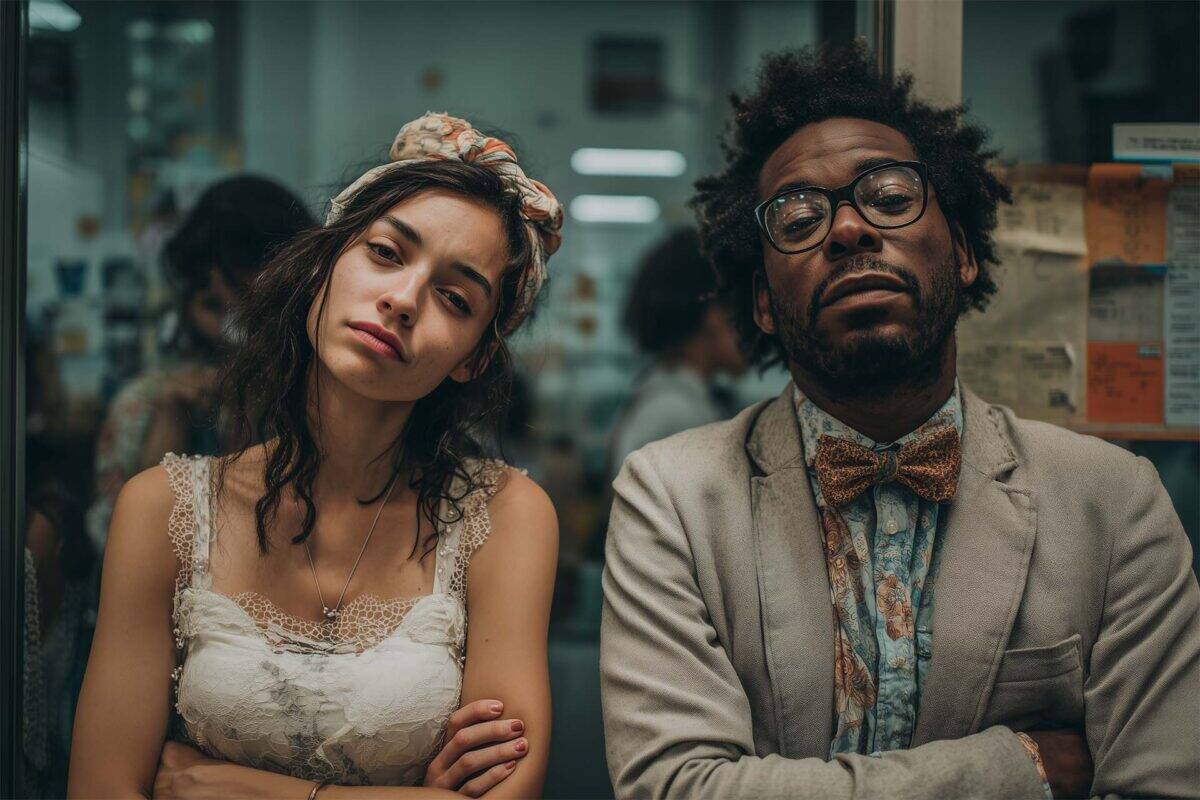 Frustrated couple in vintage wedding attire standing with arms crossed inside a post office