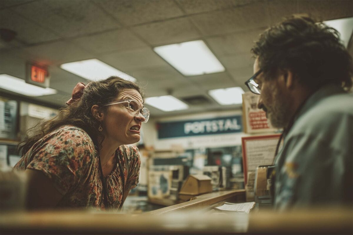 Frustrated woman leaning over a post office counter during a tense exchange with a postal clerk
