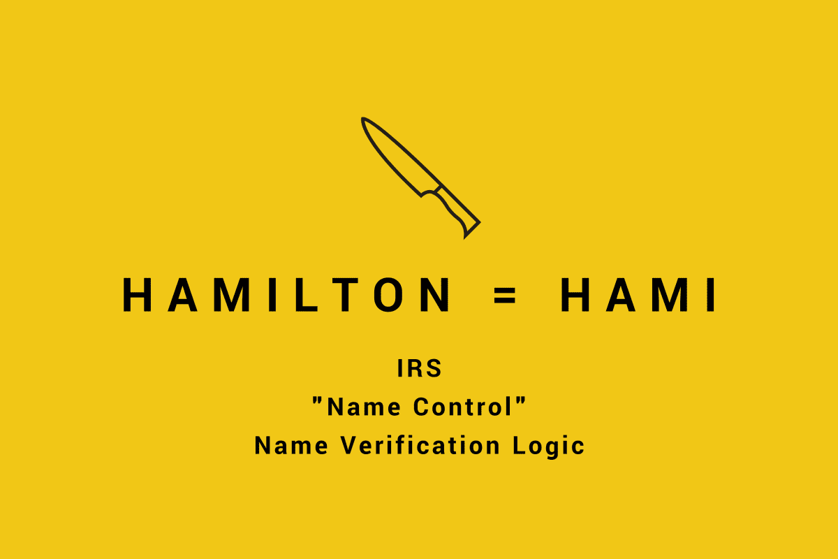 Example: last name Hamilton equals HAMI as an IRS name control