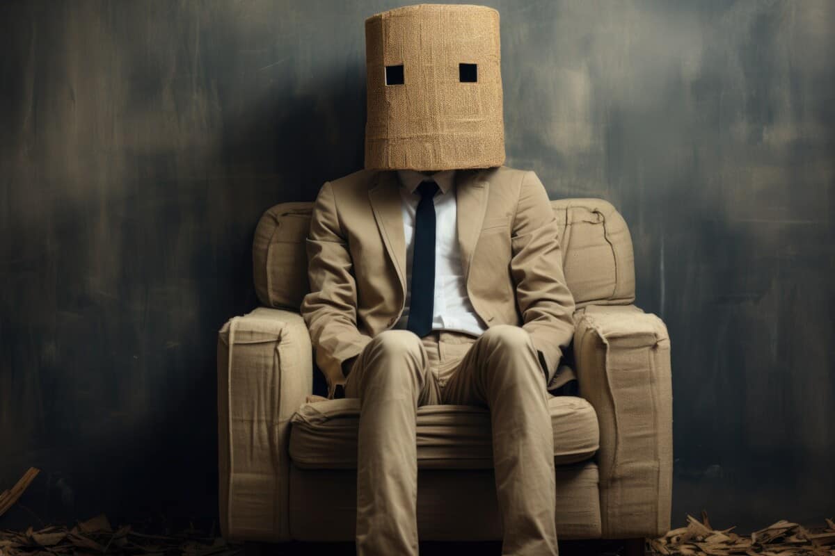 Man slumped in chair wearing a paper hat over his head