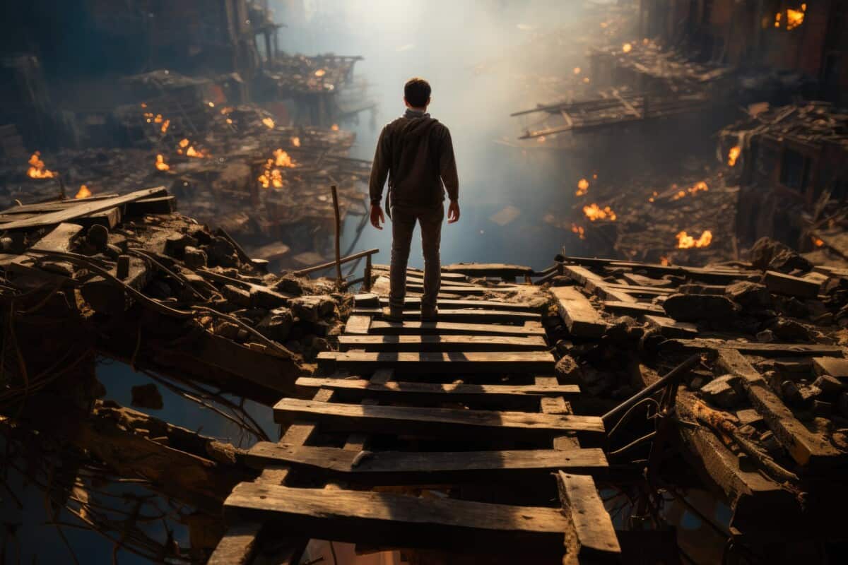 Man standing on a bridge surrounded by burning wreckage