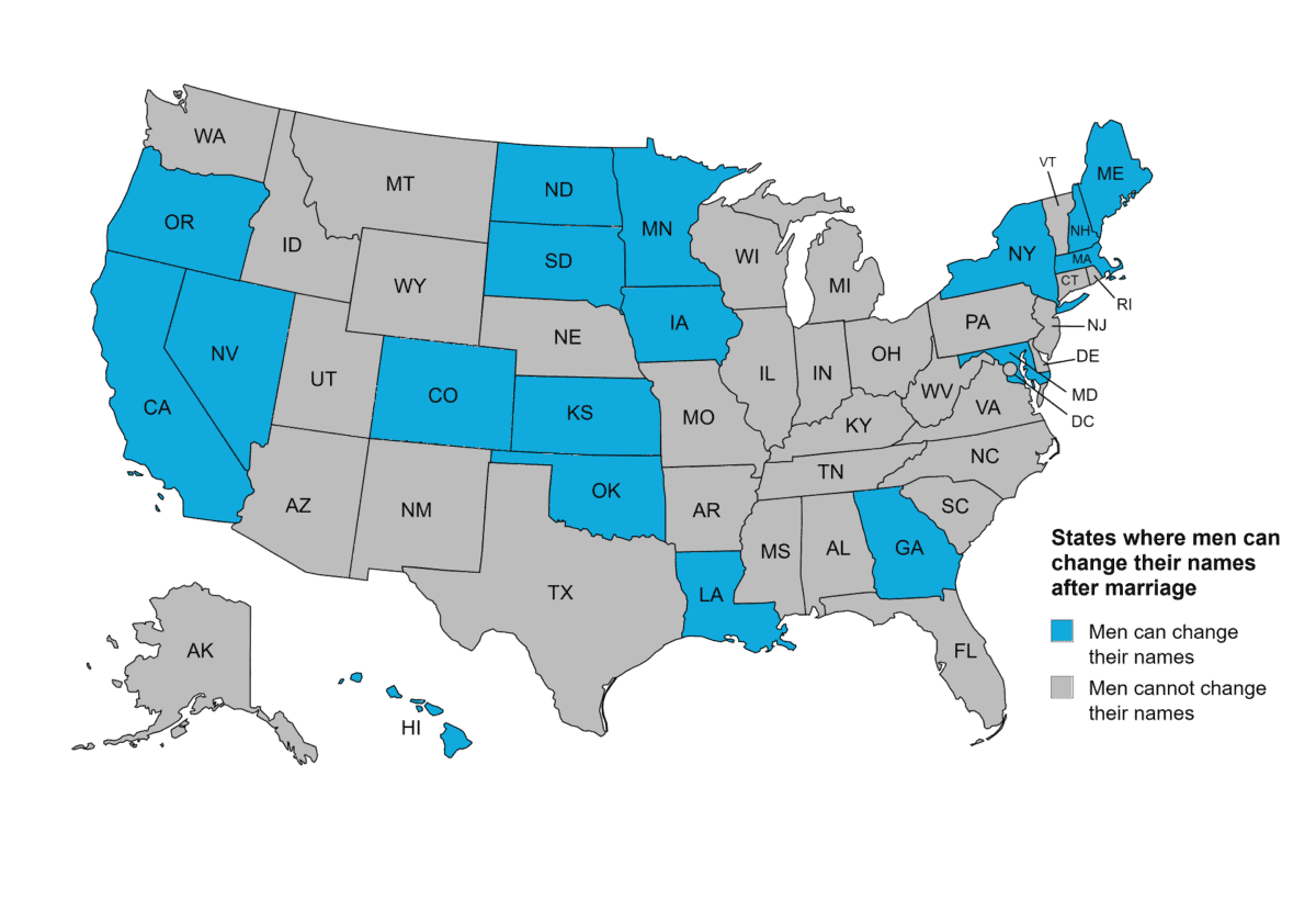 Map of the United States showing 18 states where men can change their names after marriage