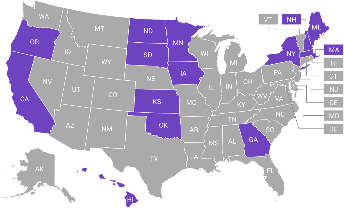U.S. map highlighting the 14 states whose marriage license application asks for your new married name