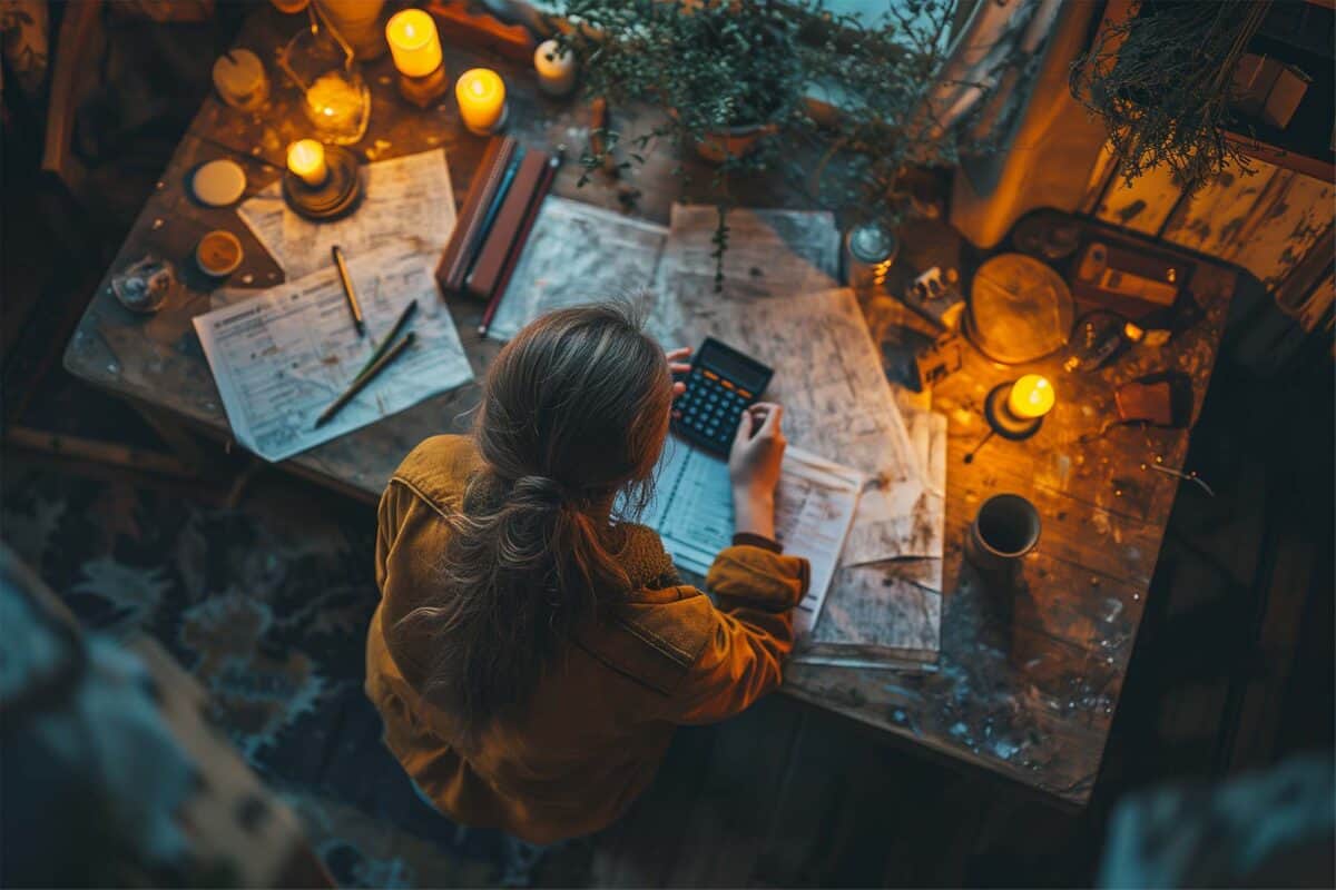 Overhead shot of a woman working at a desk by candlelight, looking over papers and using a calculator