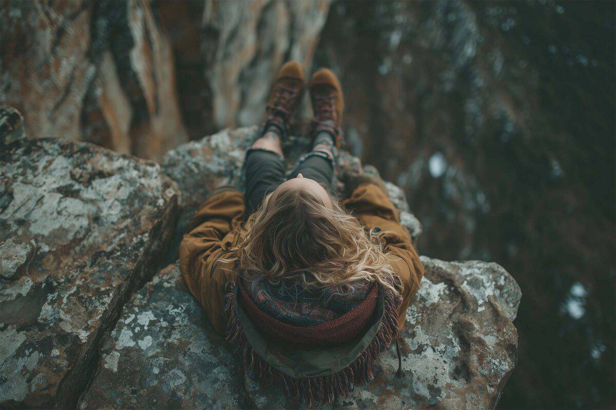 Overhead view of woman sitting on rocky cliff edge, looking down into a shadowy void