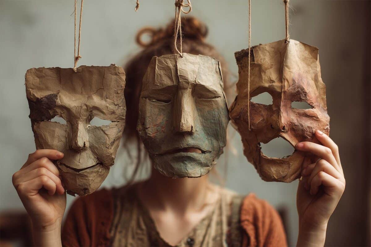 Person holding three handmade paper masks with different facial expressions in front of their face