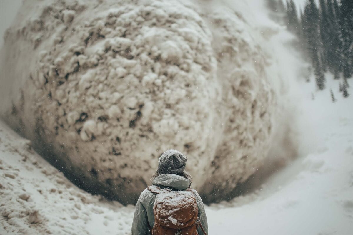 Person in snowy gear facing a massive snowball barreling down a mountain slope