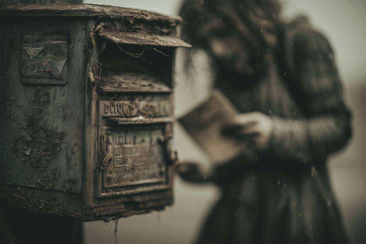 Skip the trip---this one's as easy as a mailbox or a mouse click. Rusted, decaying mailbox in sharp focus with heavy grime and peeling paint, as a blurred woman in the background prepares to mail a letter in a rainy, desolate setting.