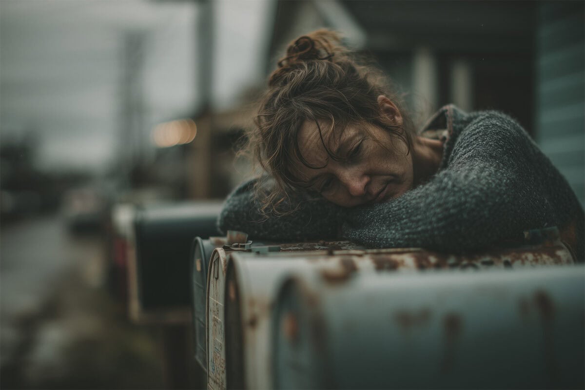 Sad woman slumped over a rusty residential mailbox on an overcast day