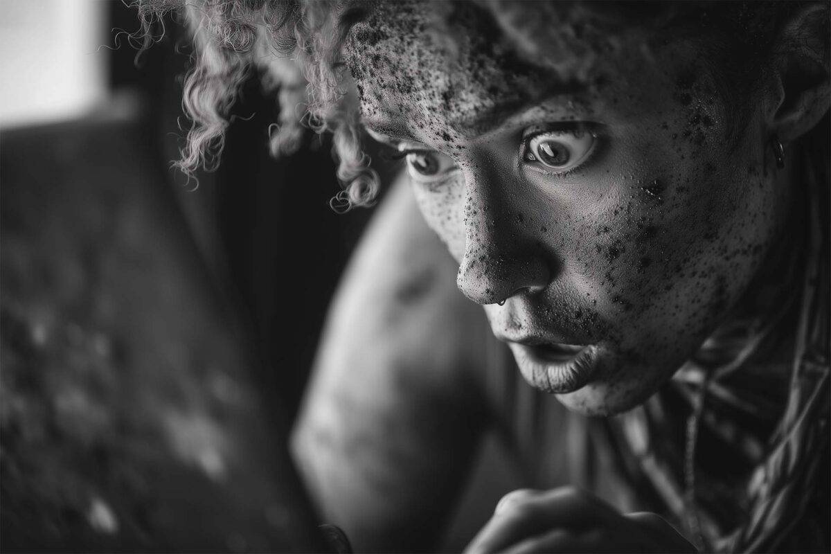 Surprised? Most people don't expect the DMV calendar to be this brutal. Shocked woman with curly hair and dirt-covered face leans forward, eyes wide in disbelief as she stares intensely at laptop screen.