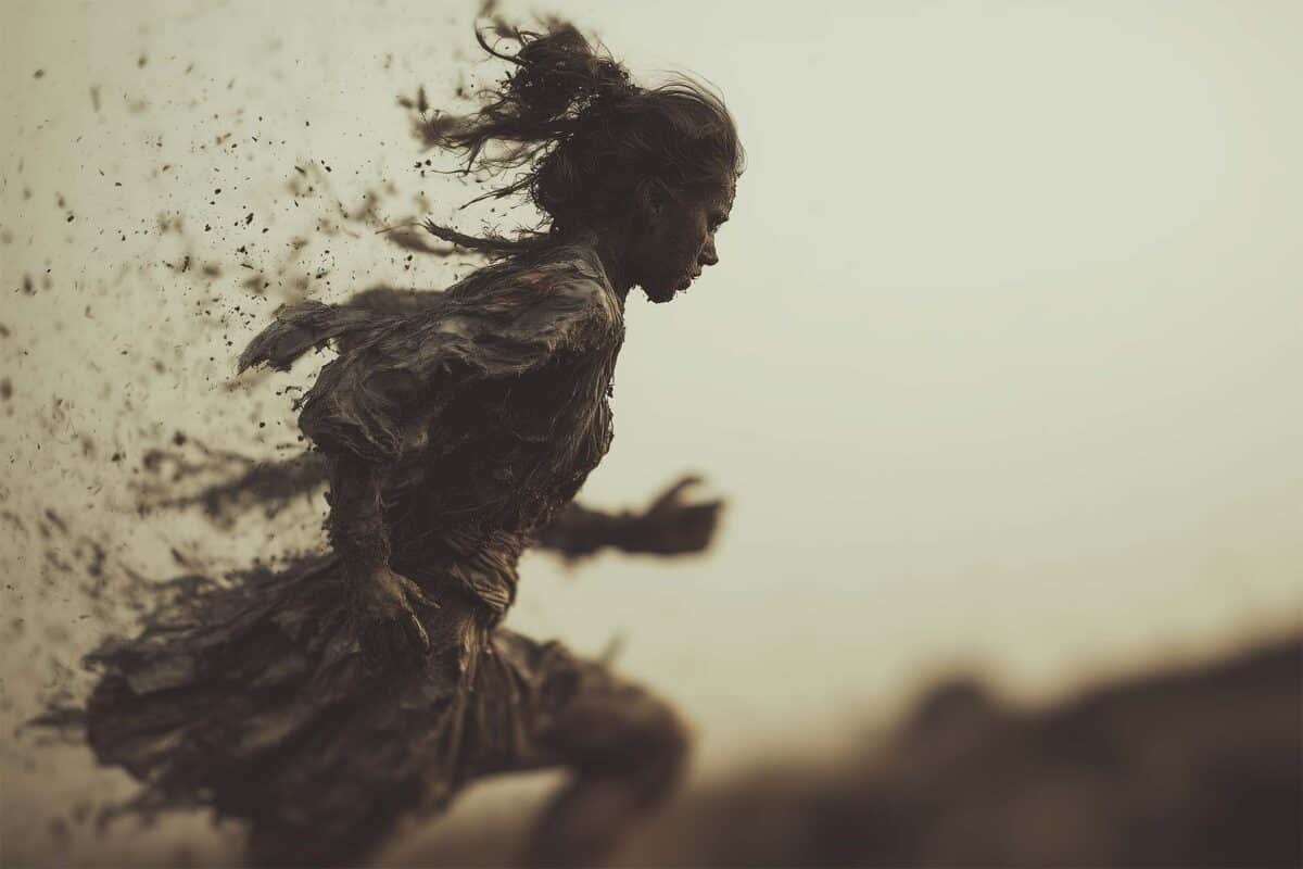 When deadlines loom, a muddy dash to the SSA or DMV might be worth it. Side view of a woman running alone through dust, her body and dress covered in mud, with debris and dirt trailing behind her mid-stride.