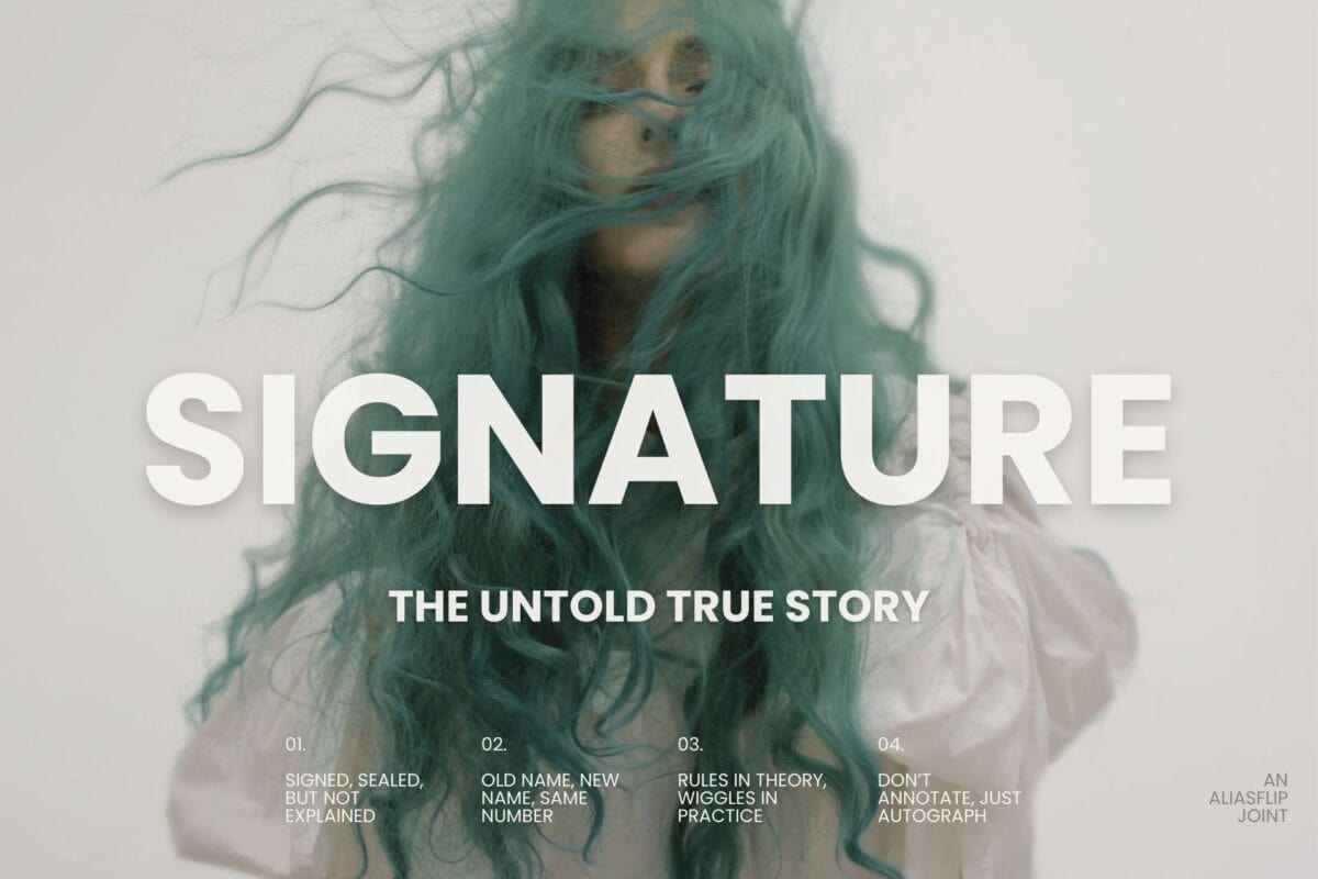 Graphic with the word "SIGNATURE" as the title, subtitle "The Untold True Story," and a mock track list about signing names on Social Security forms.
