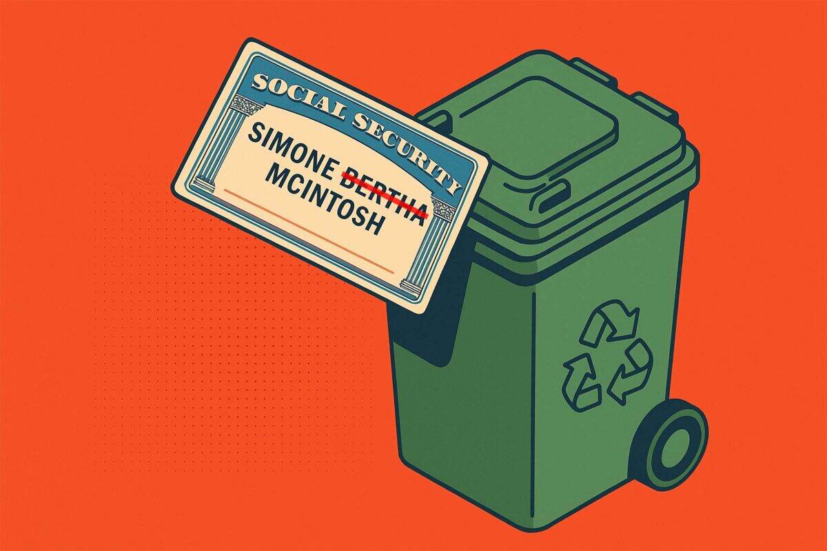 Illustration of a Social Security card with the middle name Bertha crossed out in red, leaning against a green recycle bin
