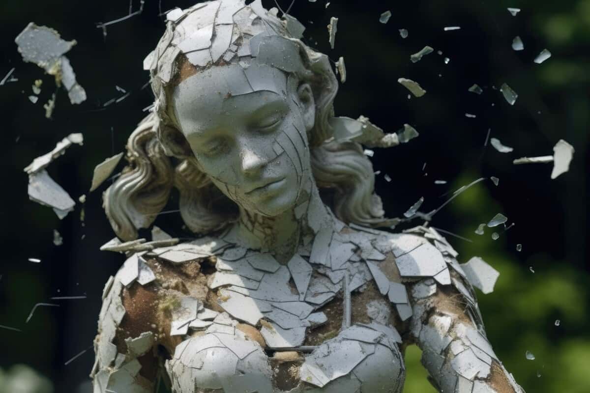 Statute of bride shattering in slow motion in impressionist garden