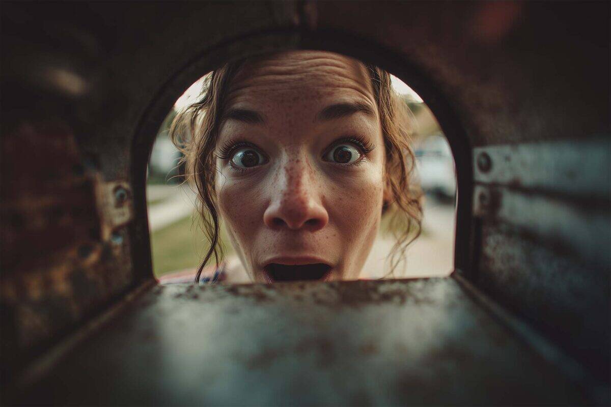 Surprised woman peering into empty mailbox from a point-of-view inside the mailbox