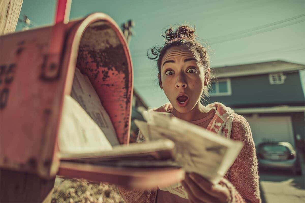 Surprised woman retrieving mail from a rusty mailbox and reacting with confusion
