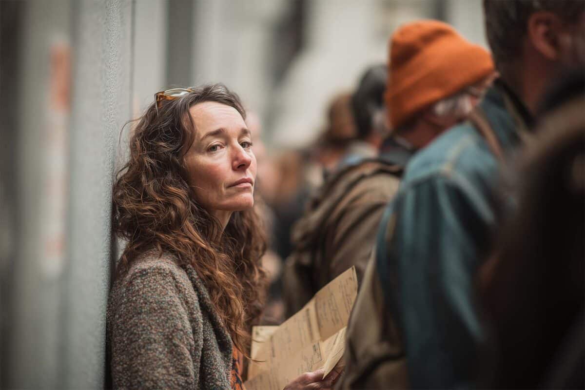 Tired-looking woman holding paperwork, leaning against a wall in a long post office line