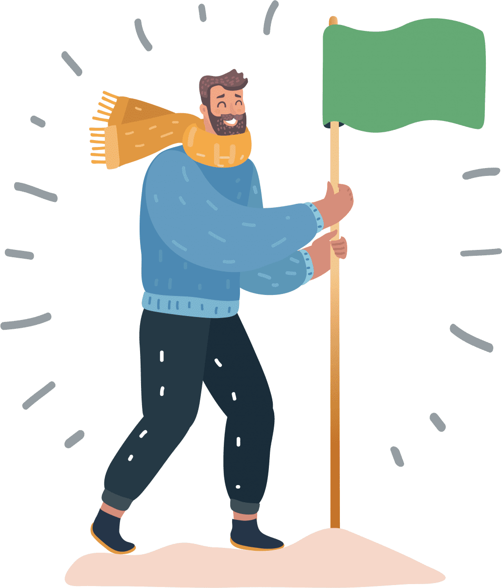 Triumphant man planting victory flag