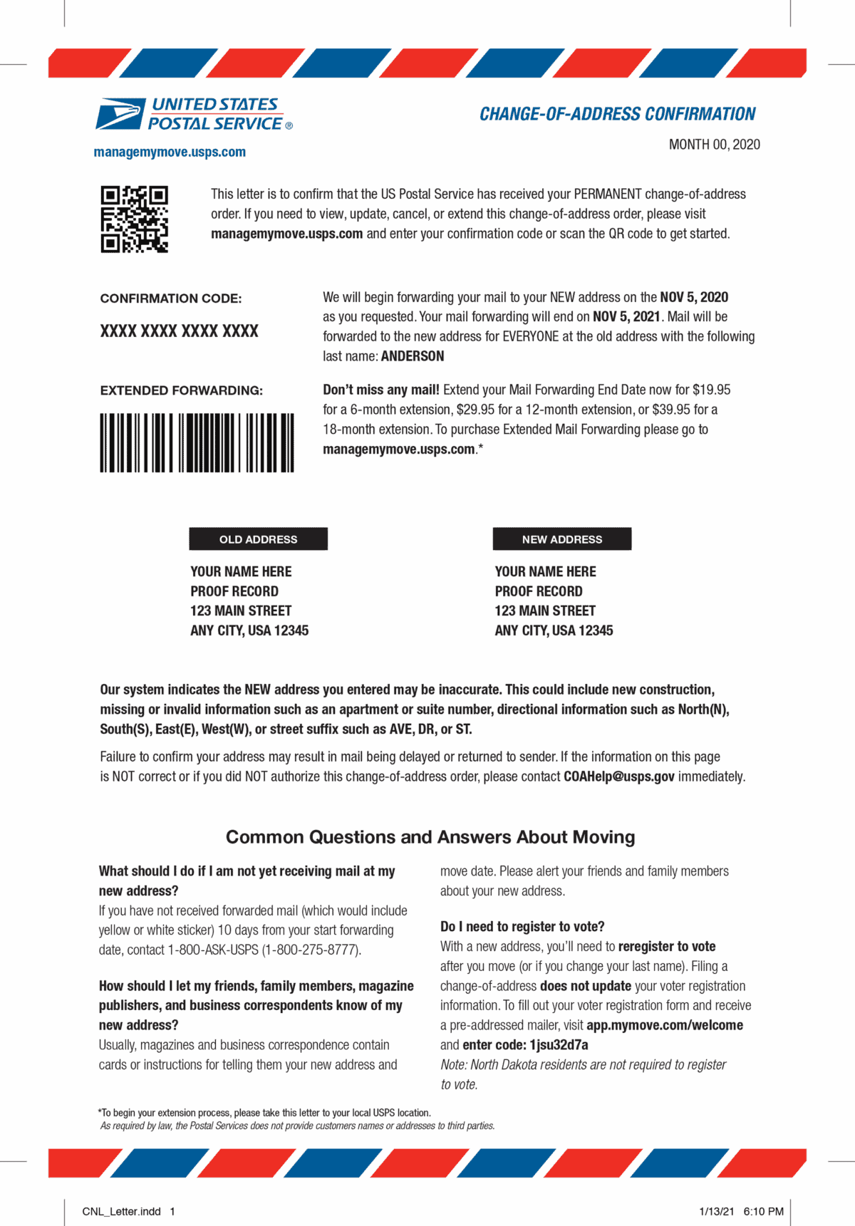 Example USPS Change-of-Address Customer Notification Letter (CNL)