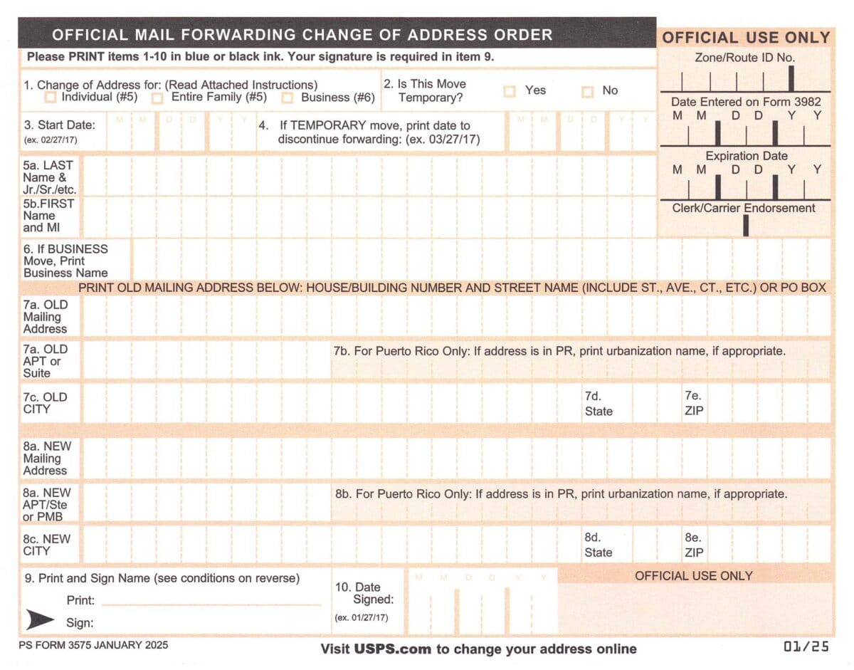 USPS Mover's Guide PS Form 3575 change of address form