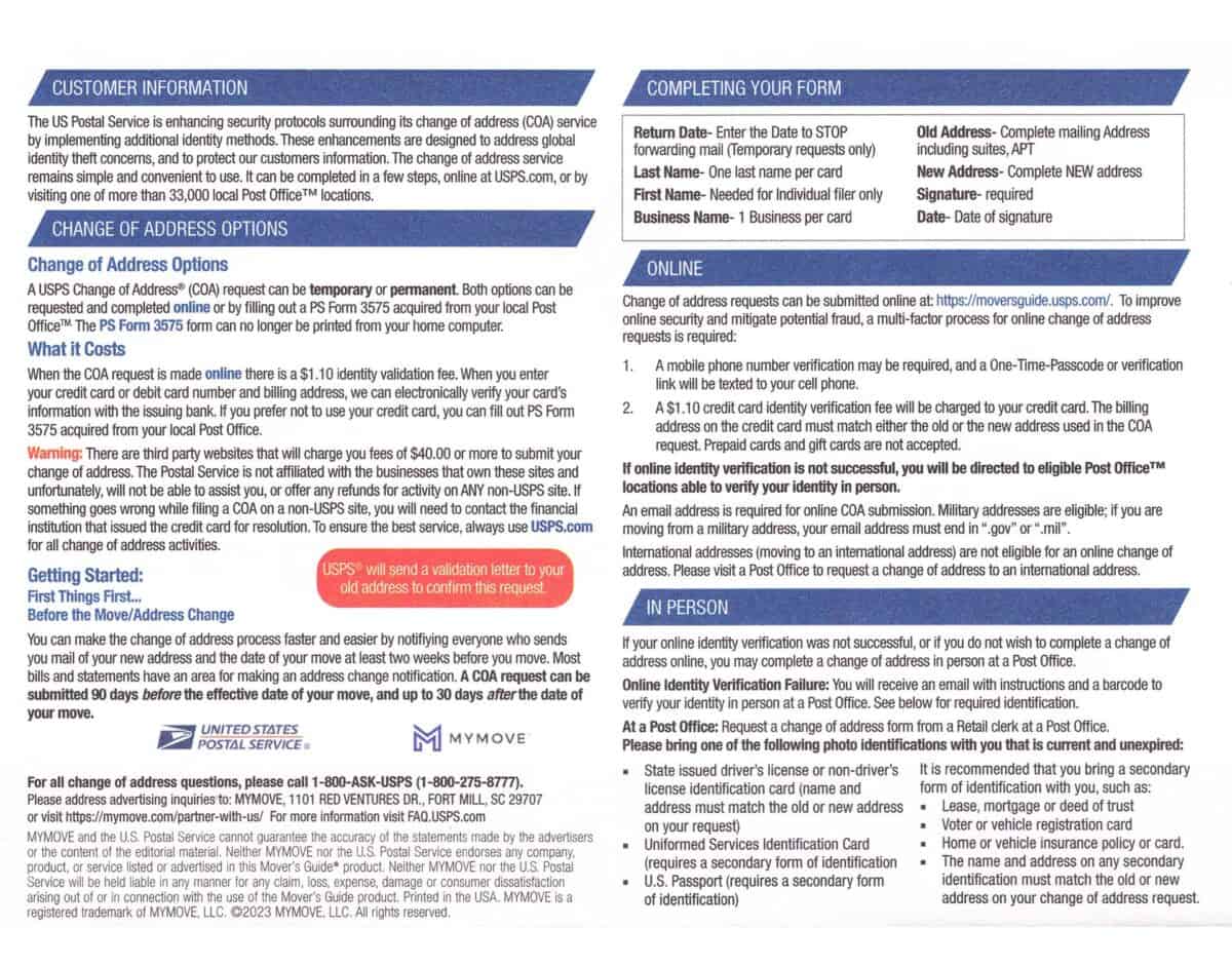 USPS Mover's Guide instructions