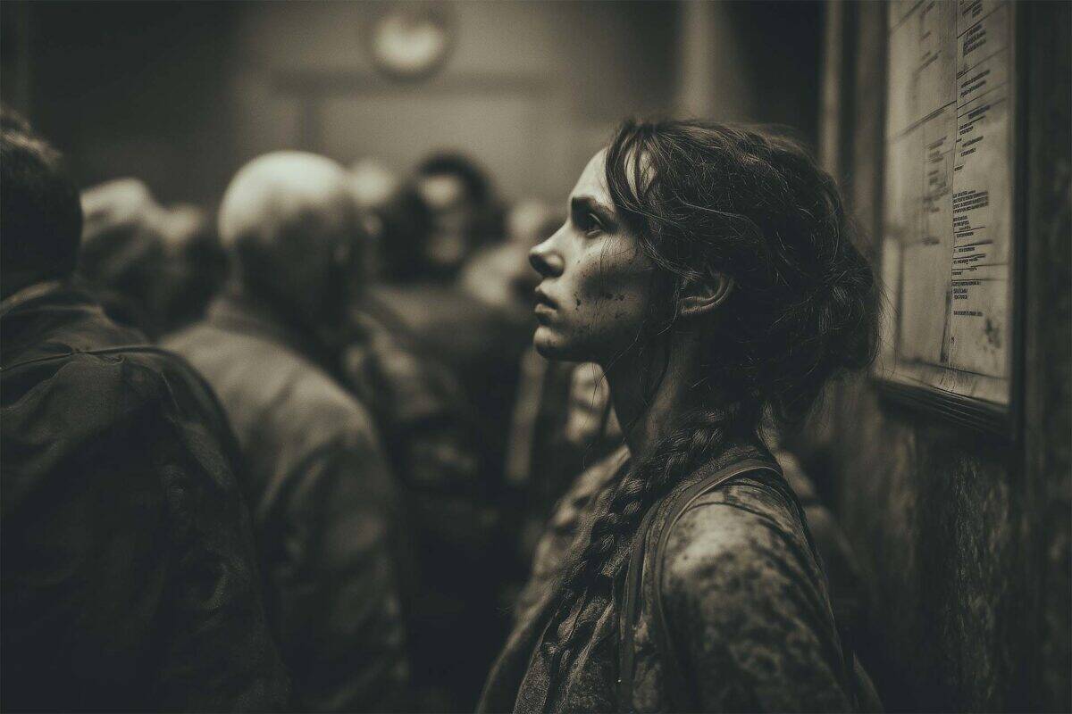 Woman with braided hair and dirt-smudged face waits quietly in line at a crowded government building, surrounded by others in a tense, somber atmosphere.