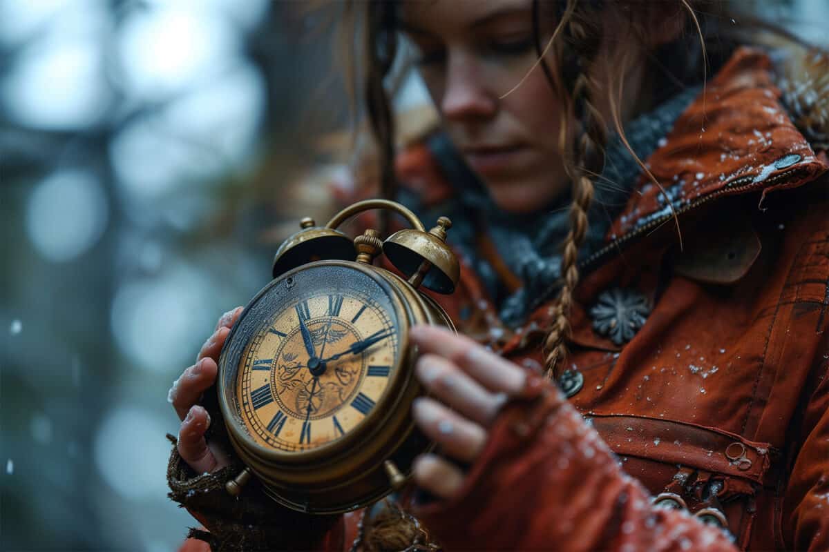 Woman in dark orange, weather-worn jacket, holding an antique alarm clock in serene snowfall