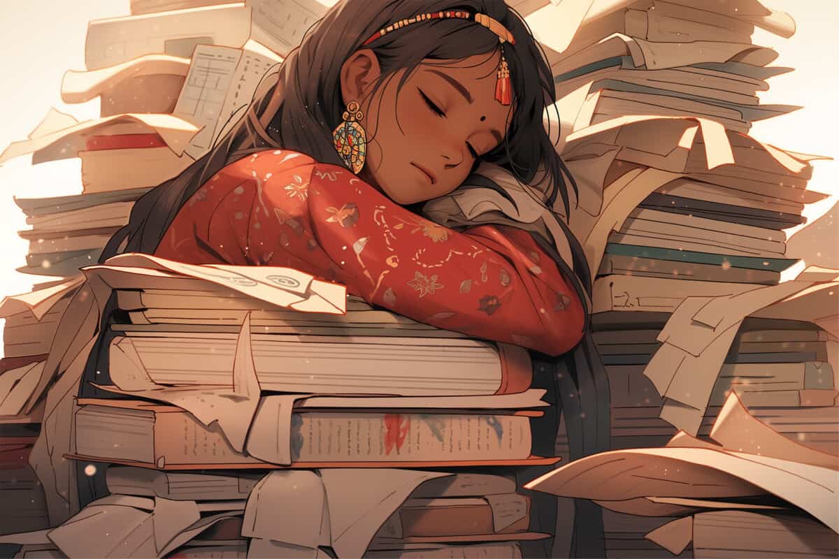 Woman drifting asleep atop a cluttered pile of paperwork