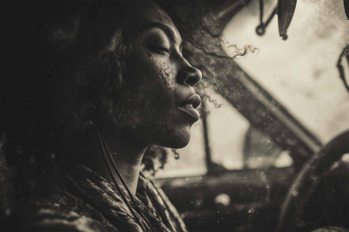 Odds are, you're headed to an office---like it or not. Woman driving vintage car in rain, close-up of face with wind-blown hair, smoke swirling around her, sepia-toned moody atmosphere.