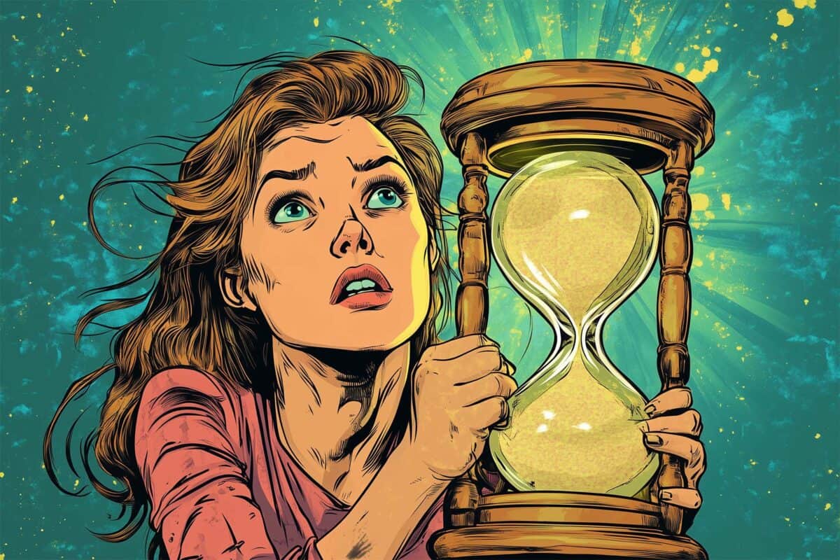 Woman grips oversized hourglass, eyes filled with worry about running out of time