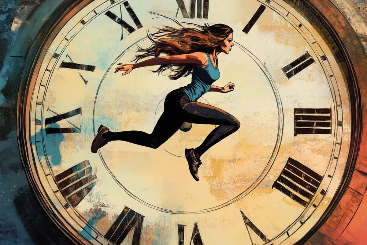 Woman leaping in front of a giant antique clock with Roman numerals