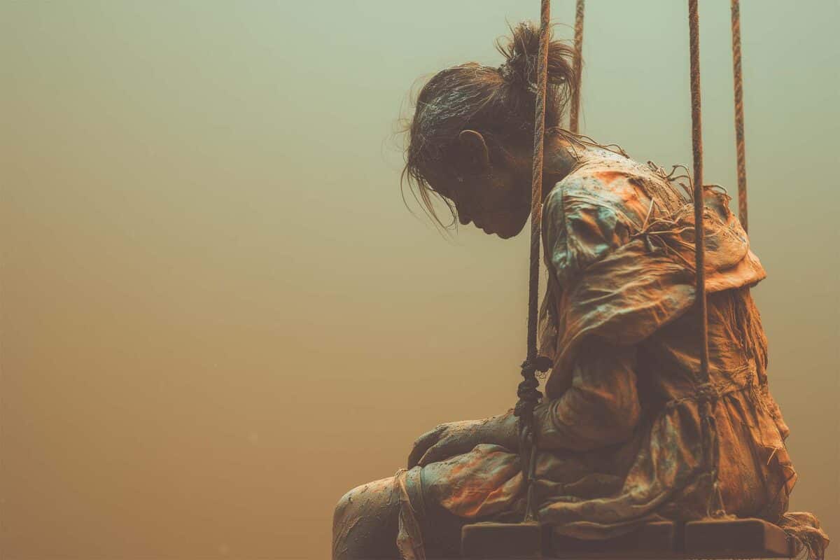 You might not want to go---but sometimes, you know you have to. Woman with messy bun sits on wooden swing, head down, wearing tattered mud-covered clothes against foggy, muted pastel post-apocalyptic backdrop.