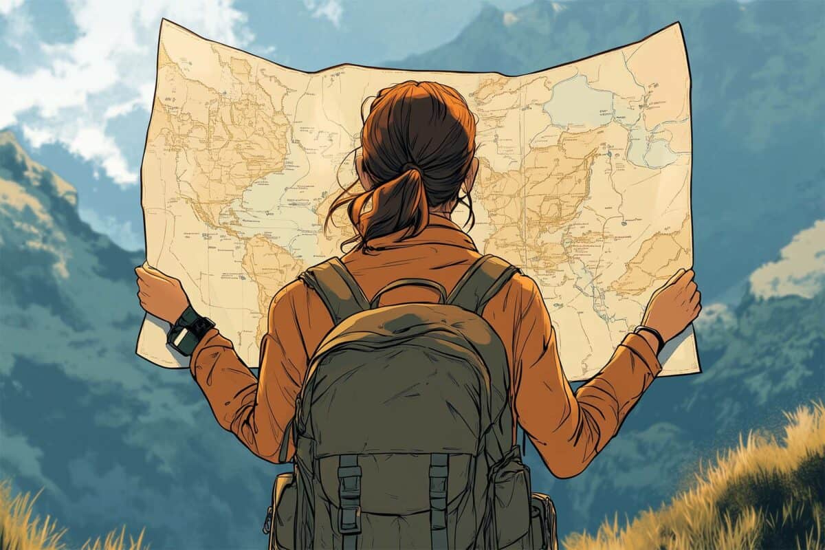 Woman on a mountain path, back turned, wearing a backpack, and holding an open map