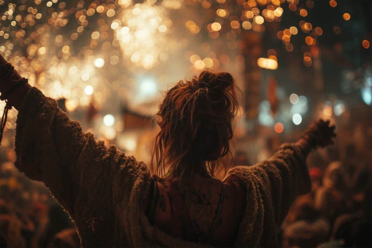 Woman with outstretched arms watching fireworks explode above a crowded festival