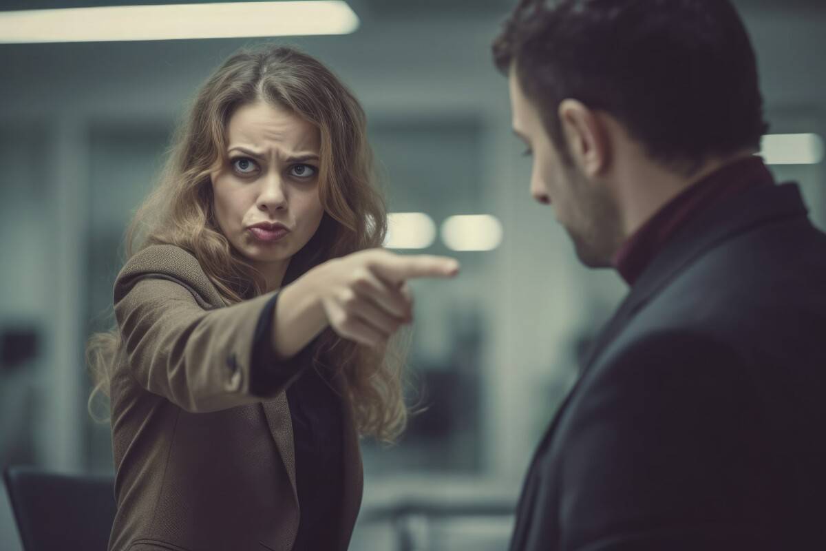 Woman pointing her finger at a man in irritation